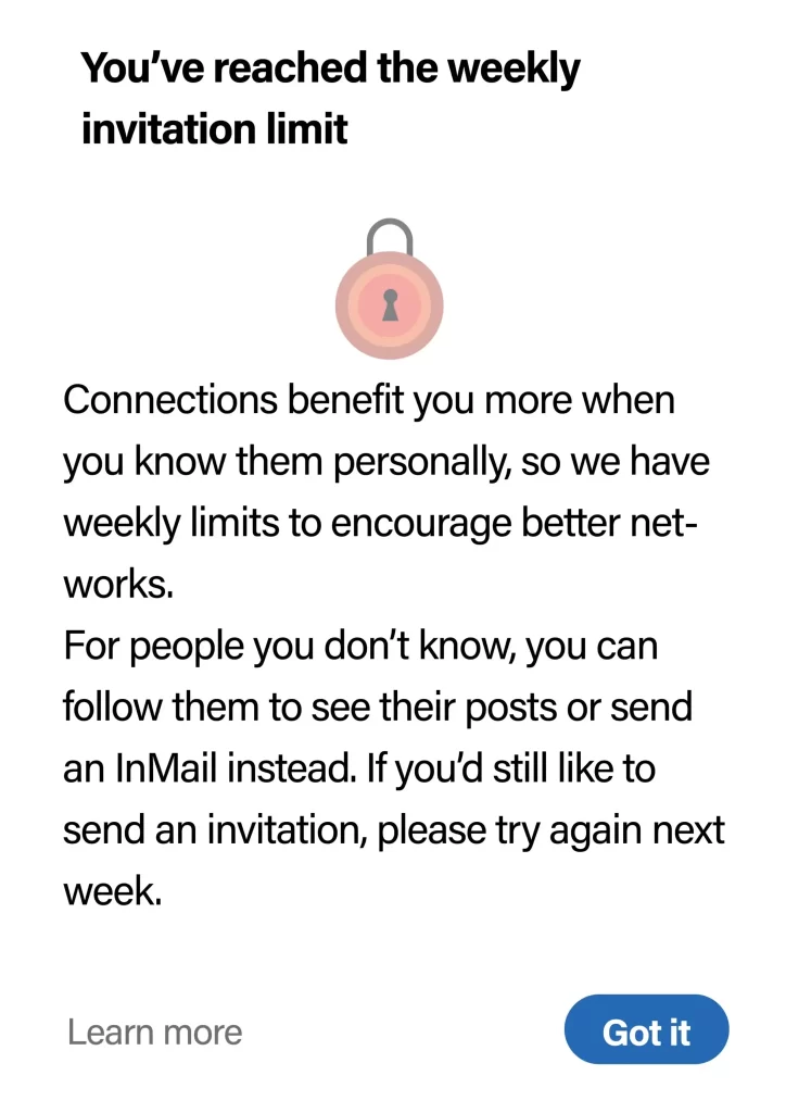 LinkedIn weekly connection limit text sample