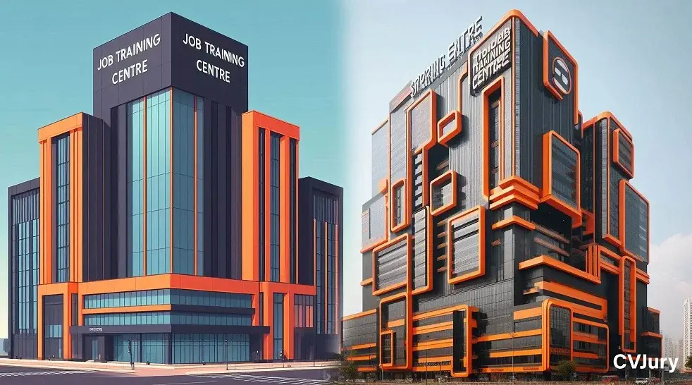 Tall twin multi-story buildings with JOB TRAINING CENTRE inscriptions