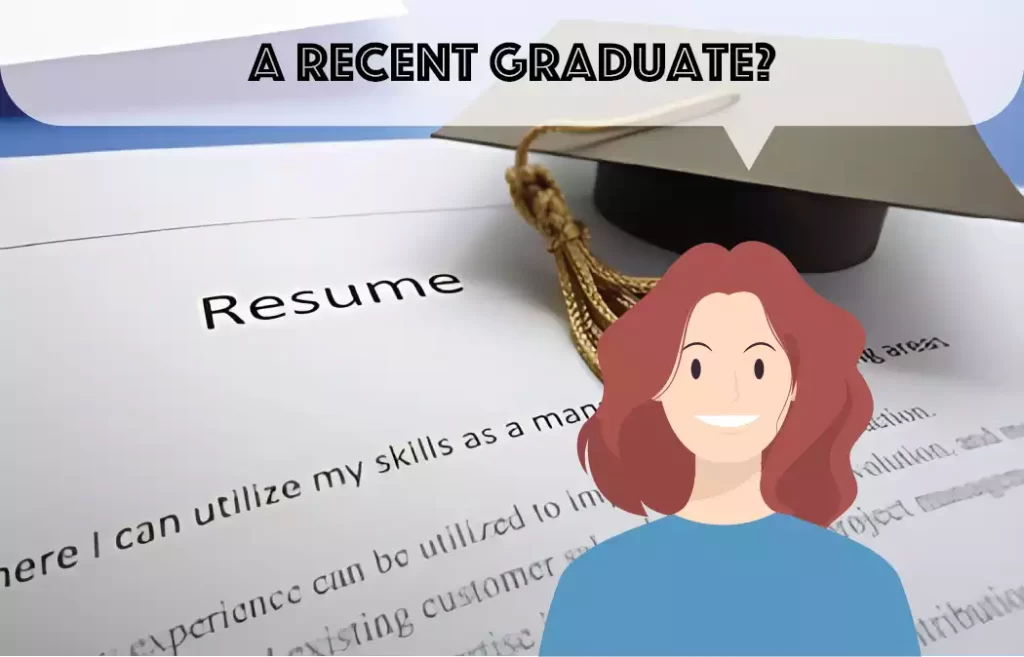 A resume concept showing an acdemic cap and a cartoon character facing the camera