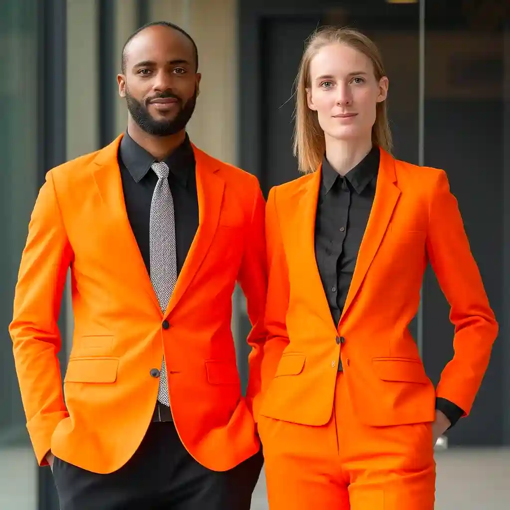 2 orange suited black male and white lady