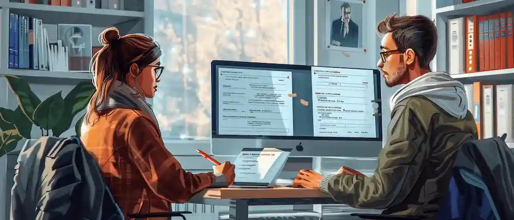 Image of male and female office workers sharing PC screens