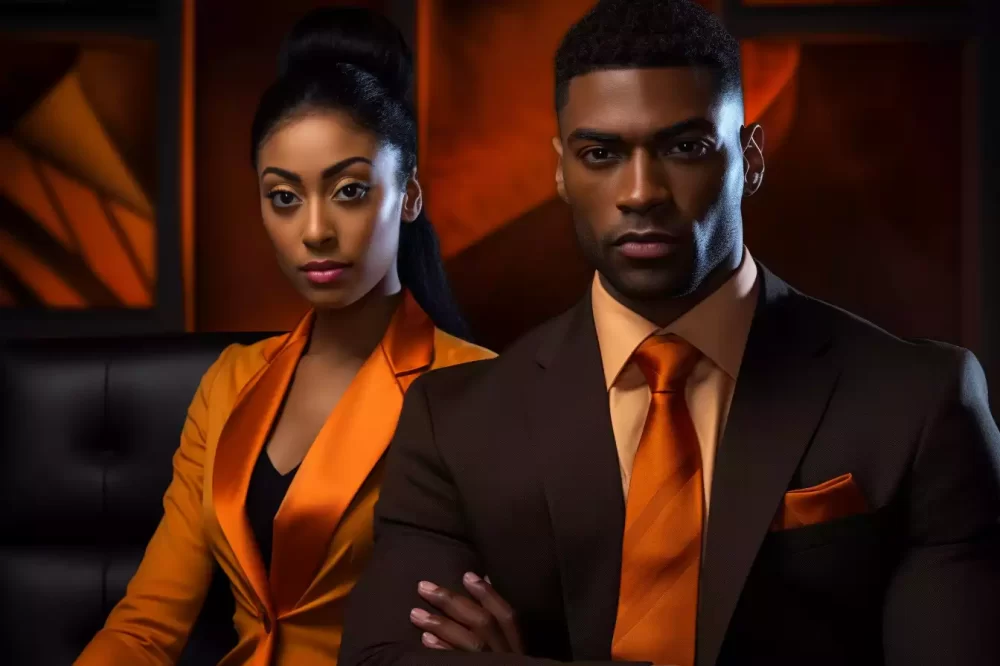 African lady and a man in brownish black suit and orange silk tie holding hands