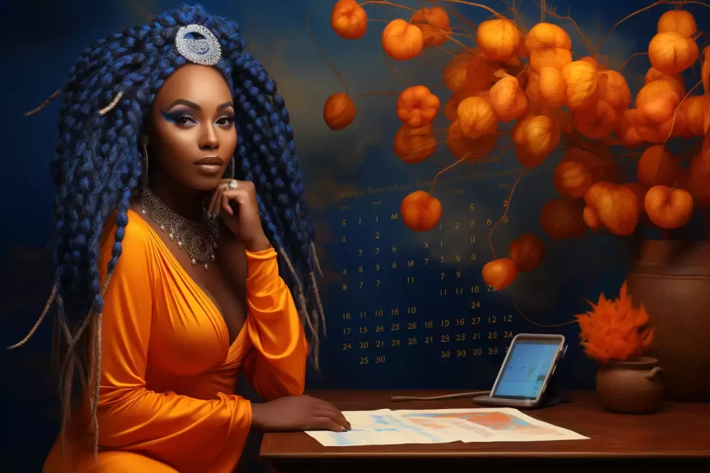 An African business woman with blue braids and in orange dress