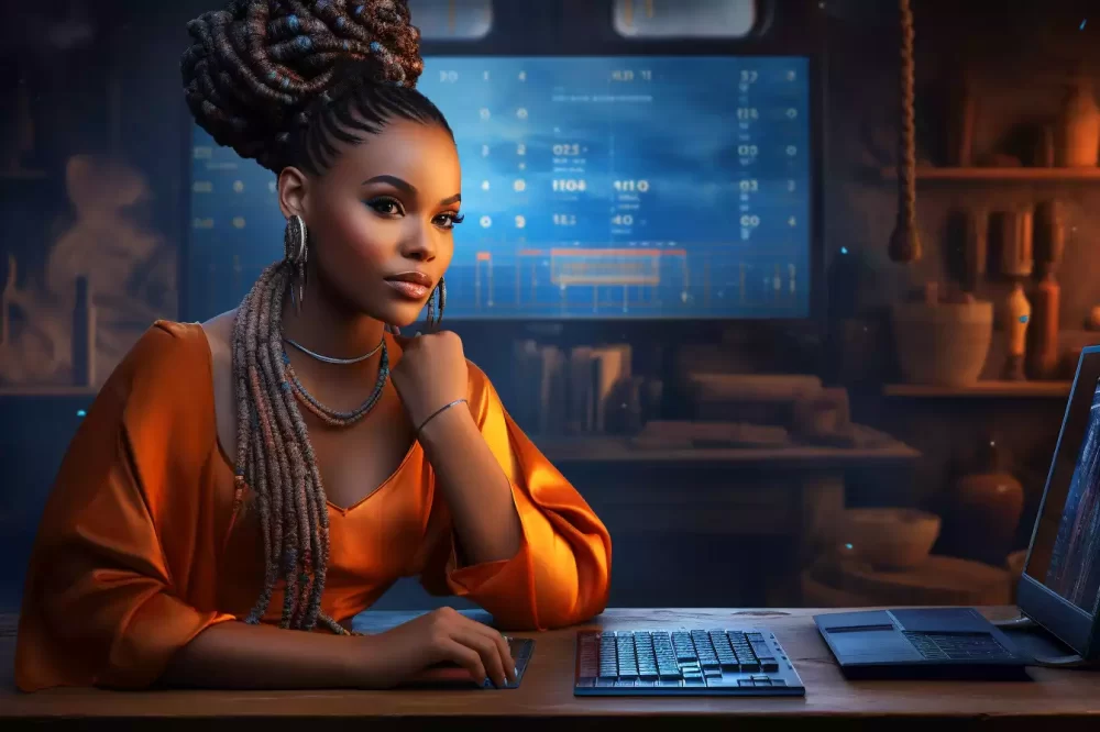 A black business woman with black and blue braids in orange dress sitting infront of her laptop