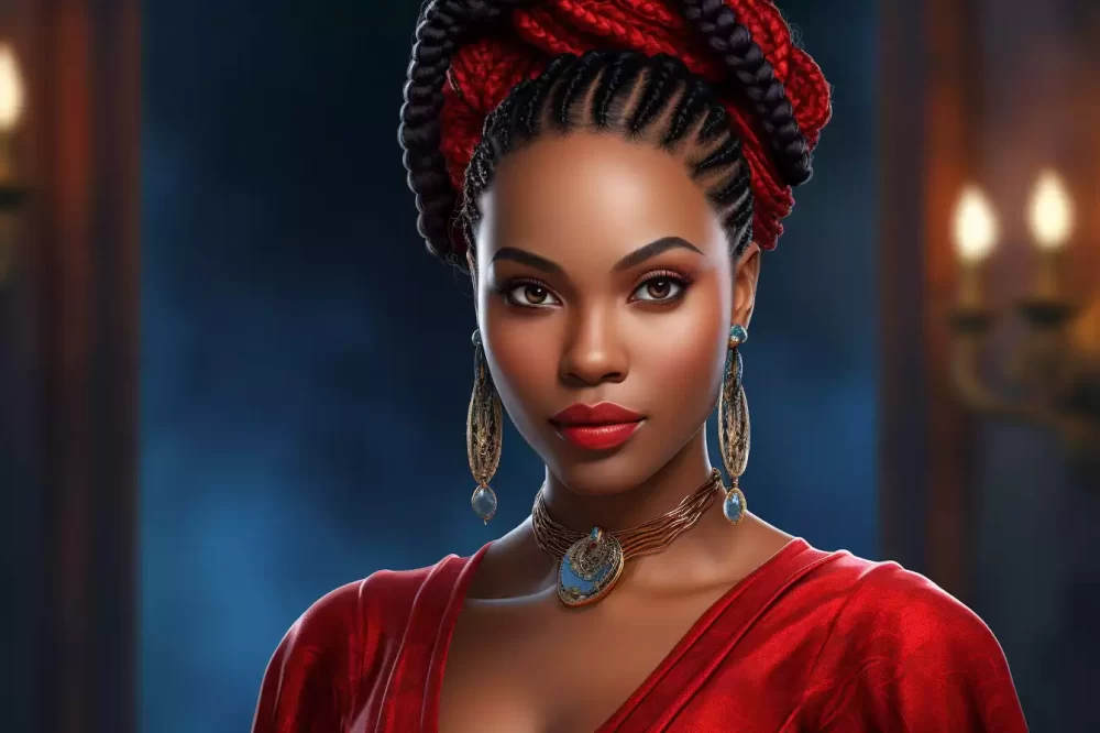 An elegant African lady in maroon-red dress and coloured braids