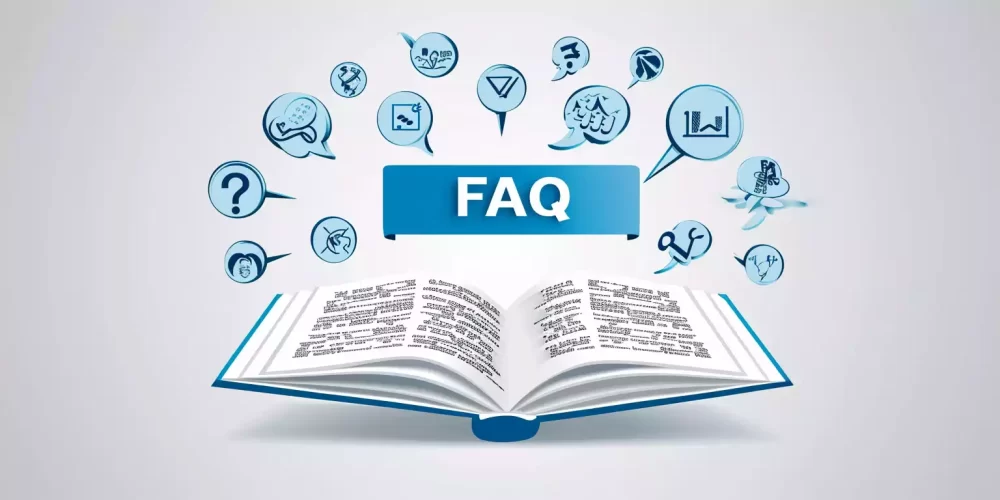 FAQ wrtten on top of an open book with icons flying around the word FAQ