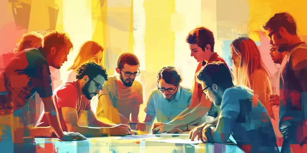 A picture of males and females brainstorming in an office setting