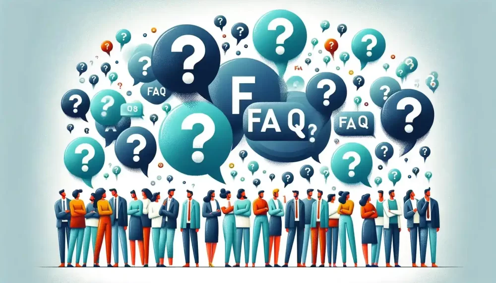 FAQs with question marks and several cartoon characters