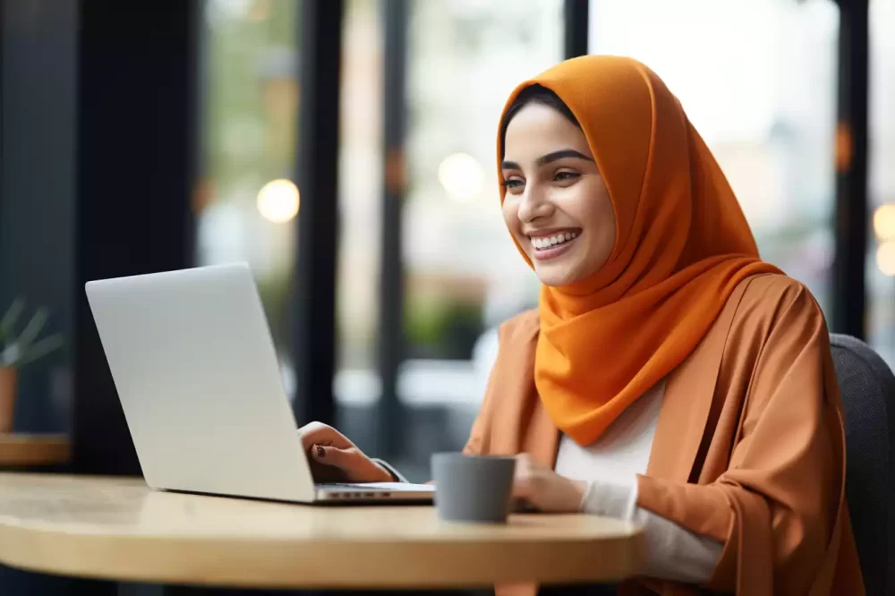 Cheerful millennial muslim woman