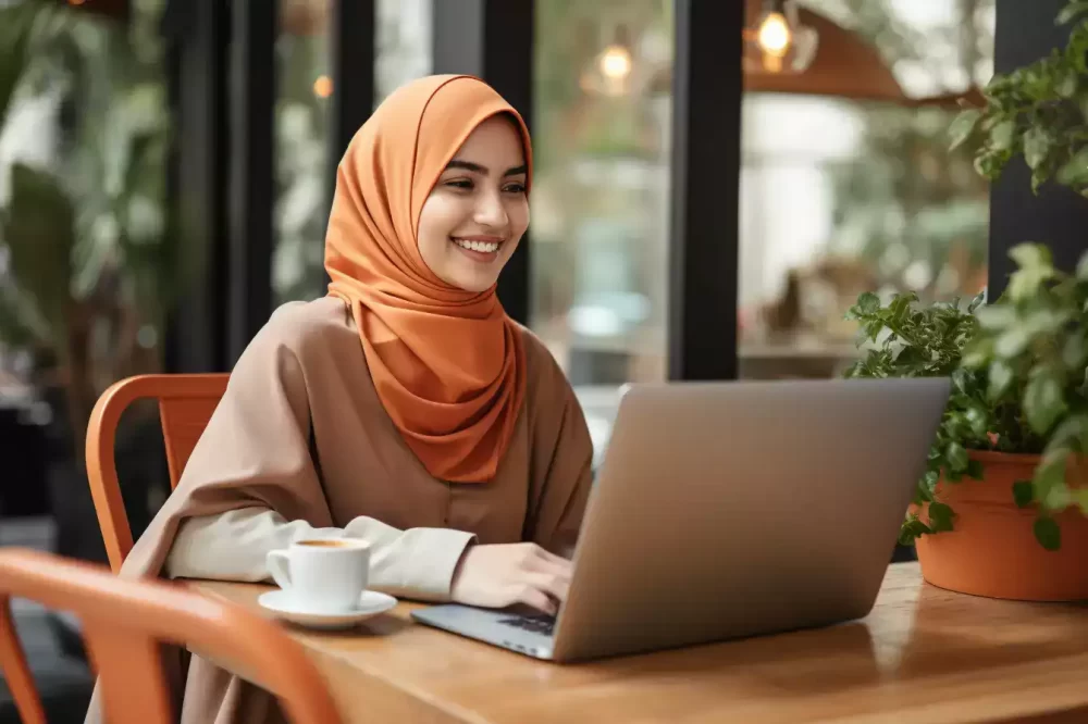 A Cheerful millennial muslim woman working on her laptop