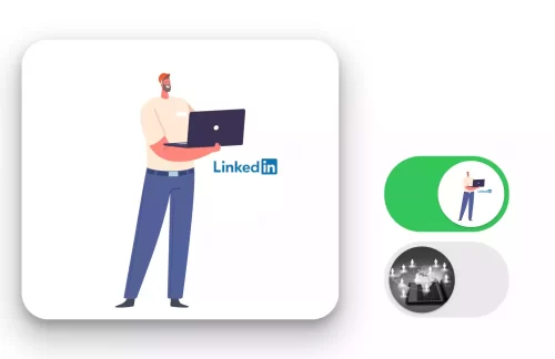 A male caroon character hilding a laptop and the words LinkedIn beside him