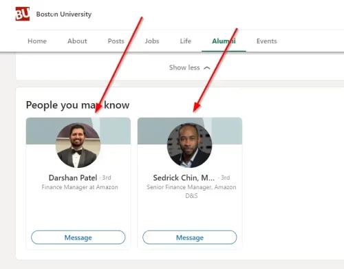 LinkedIn alumni screenshot for Boston University