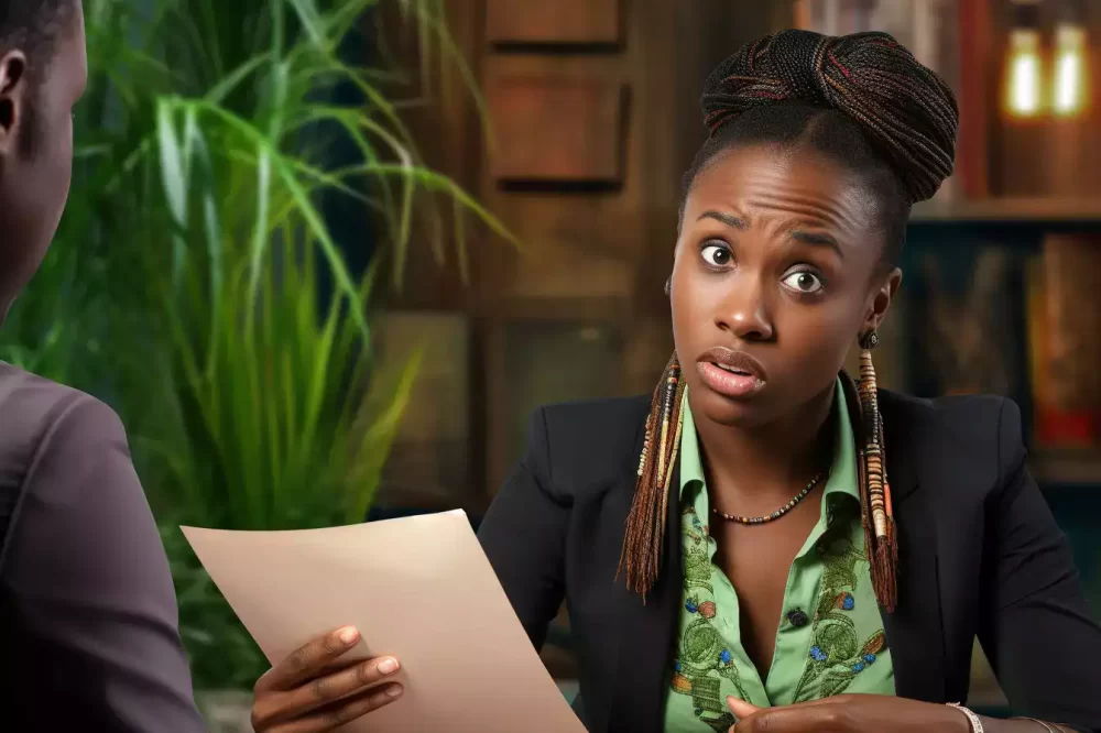 A Nervous black woman on green dress and black suit