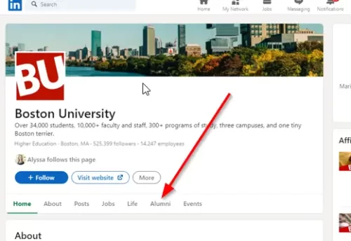 Boston University alumni page