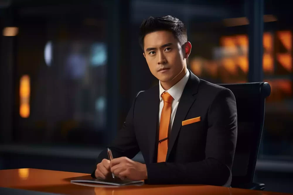 An asian man on black suit, orange silk tie and sitting