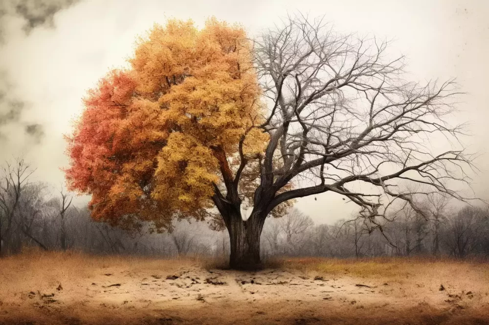 An image of a dry leave tree depicting the stark contrast