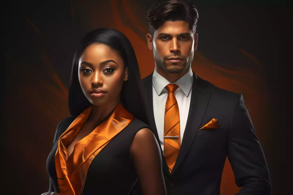 An Indian man on black suit and orange silk tie and an African lady leaning near his chest