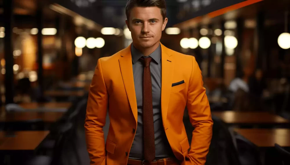 A white male in orange suit and brown tie