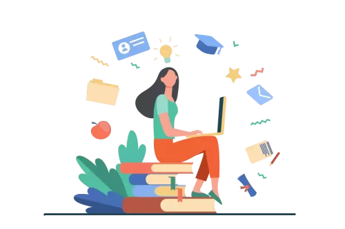 A lady cartoon character sitting on 4 books and fingers on her laptop